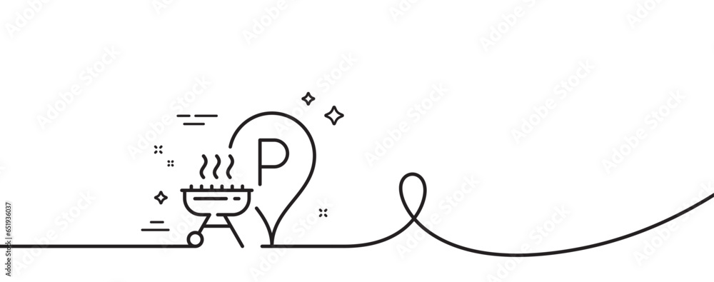 Poster grill place line icon. continuous one line with curl. barbecue cooker for cooking food sign. hot mea