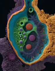 A 3D rendering of a cross-section of a plant cell. The cell wall, cell membrane, nucleus, cytoplasm, chloroplasts, mitochondria, and vacuoles are shown in different colors and textures.