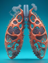 A 3D rendering of a pair of lungs with a bolt in the center. The image is a metaphor for the harmful effects of smoking on the lungs
