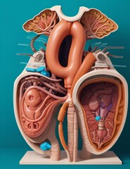 he image depicts the anatomy of the human body’s respiratory and digestive system in a 3D style. The respiratory system consists of the trachea, bronchi, and lungs, which are colored in blue
