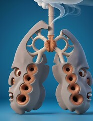 This is an image of a photo realistic rendering of a pair of lungs with a cigarette in the center. The lungs are beige and covered in tar, showing the harmful effects of smoking.