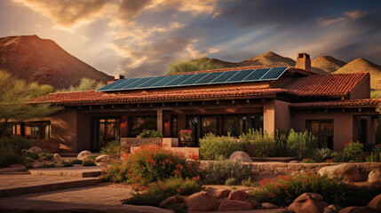 Adobe house in the desert mountains with solar panels