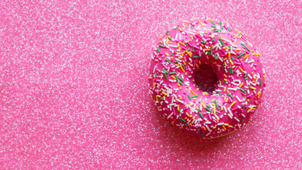 Strawberry donut on glitter pink  background
