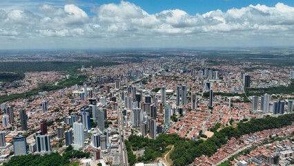 Panning wide landscape of famous place of city of Joao Pessoa at Brazilian Paraiba State. Northeast Brazil. Landmark skyline city. Downtown Joao Pessoa Paraiba. Cityscape Joao Pessoa Brazil.
