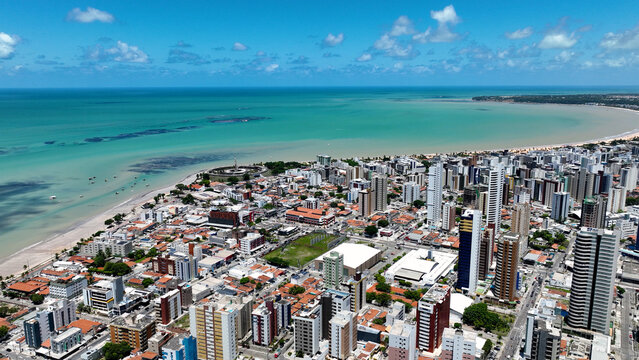 Tambau Beach At Joao Pessoa In Paraiba Brazil. Seascape Landscape. Coast City. Urban Downtown. Cityscape Background. Tambau Beach At Joao Pessoa Paraiba Brazil.