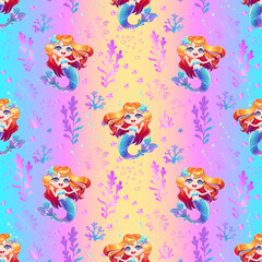 Seamless pattern with a cute mermaid with pink hair