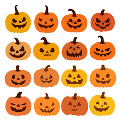 A set of Halloween pumpkins with carved faces. The pumpkins are different sizes and shapes, and the faces have different expressions.