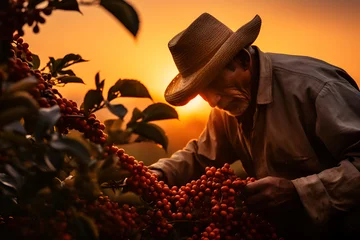 Papier Peint photo Lavable Brésil A male farmer harvests coffee beans on a plantation 2