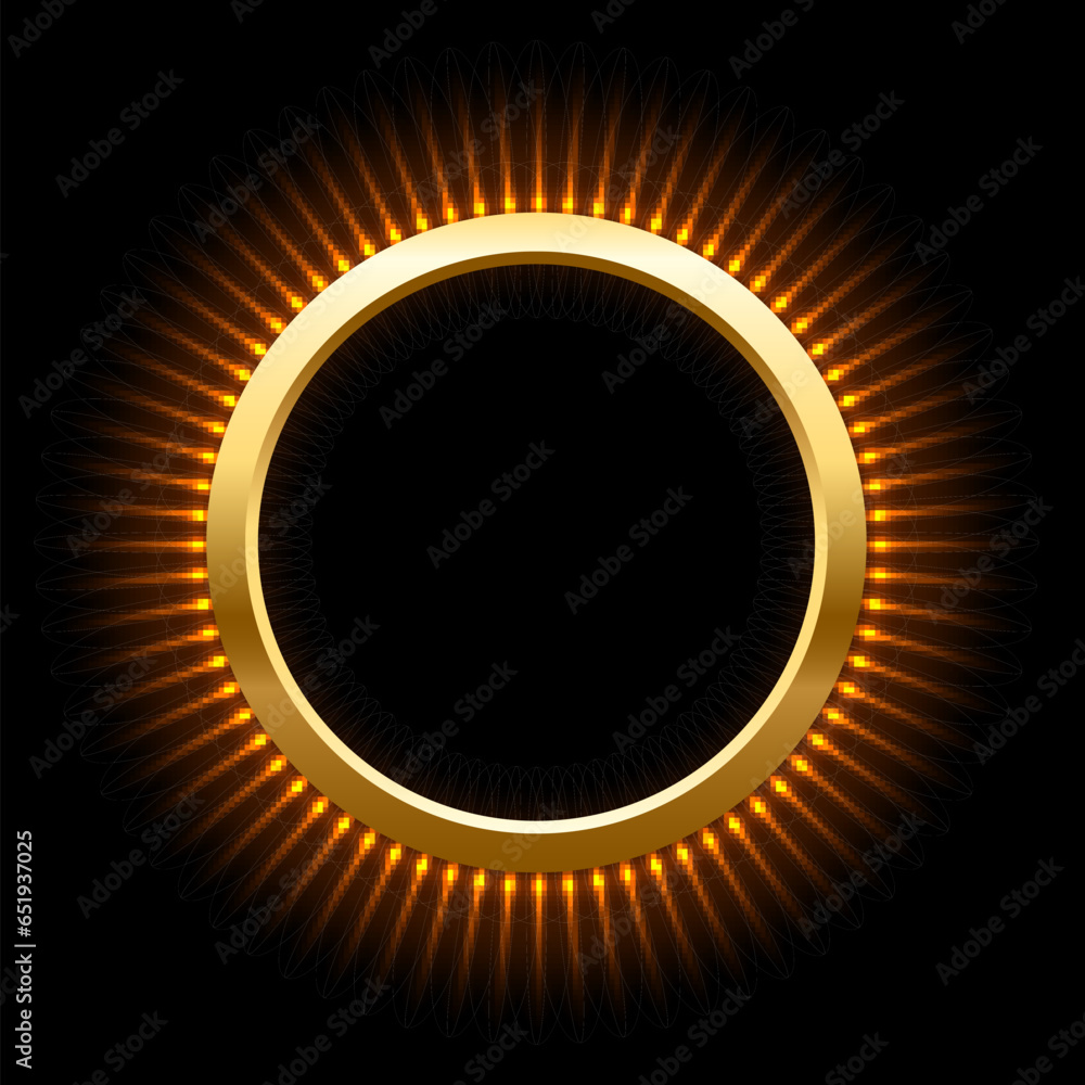 Wall mural gold ring with flash rays and sparks vector illustration. realistic 3d circle shiny golden frame wit
