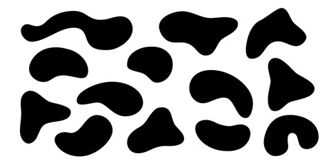 Black liquid irregular amoeba blob shapes vector collection isolated on white background. Fluid bobble blotch forms set, deform drops - obrazy, fototapety, plakaty