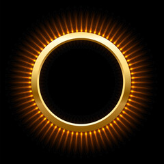 Gold ring with flash rays and sparks vector illustration. Realistic 3D circle shiny golden frame with edges and fiery flare, circular precious jewelry and abstract star dust glow on black background