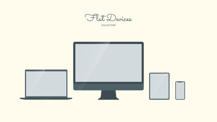 Flat mockup illustration of a modern device. Set of computer monitors. Computer, laptop, tablet and smartphone isolated. 