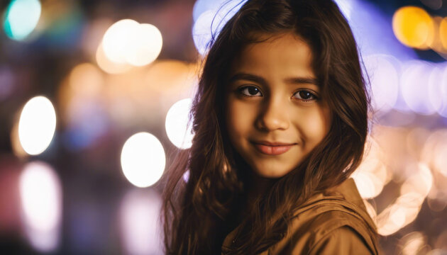 Beautiful young girl at night in the city with blurred lights ad copy space