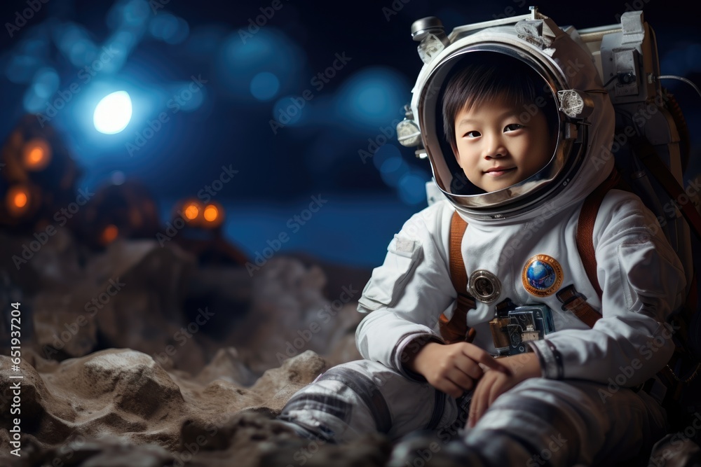 Wall mural a small child imagines to be an astronaut waring an astronaut's helmet.