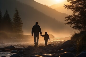 back view of active family of two, father and son, enjoying valley and mountain, active family vacation concept, father day concept. - 651937227