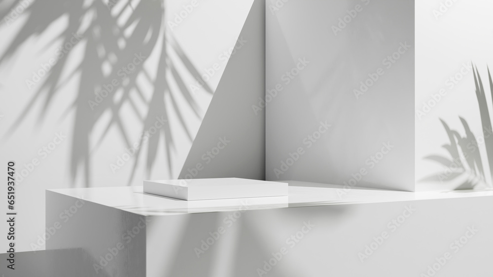 Poster White abstract geometric form with soft light, palm leafs shadows, empty white table for design and advertisement and production placement commercial, empty walls background