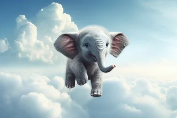 Papier Peint photo Éléphant Baby elephant in clouds. Cute animal love. Generate Ai