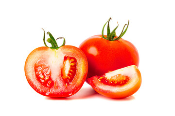 tomatoes fresh ripe  cut in half to reveal the juicy flesh and seeds. isolated on a white...