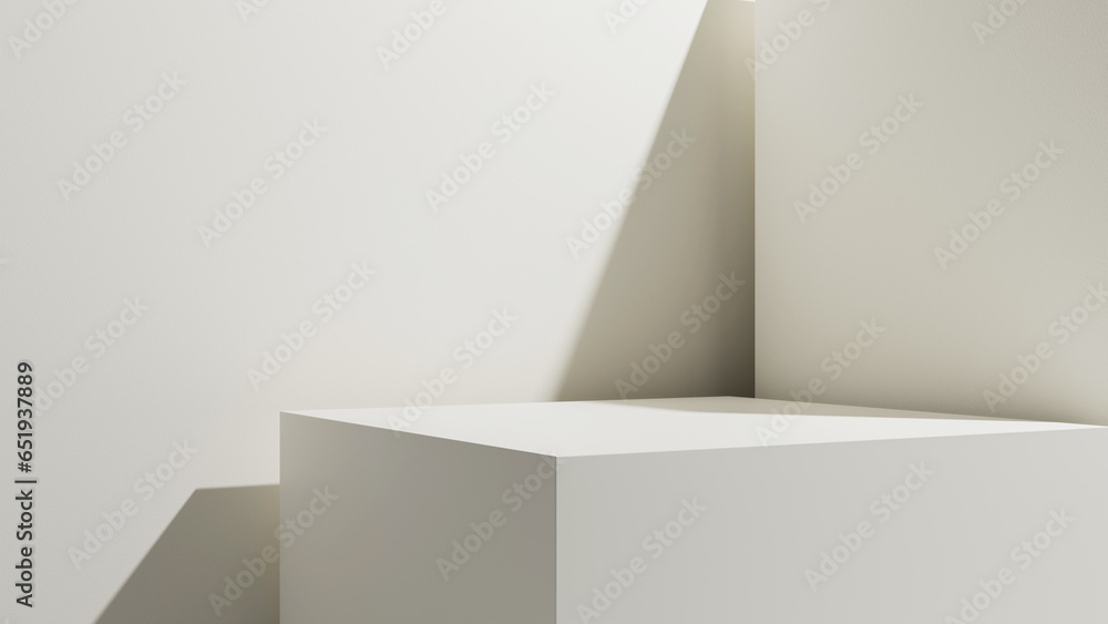 Poster Empty geometric design interior forms, place with empty space - table and stage, empty blank plaster walls and shapes with soft light and shadow, table for product placement or design solutions