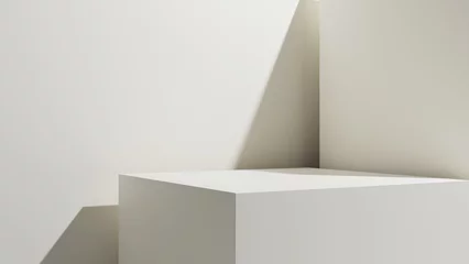 Fotobehang Empty geometric design interior forms, place with empty space - table and stage, empty blank plaster walls and shapes with soft light and shadow, table for product placement or design solutions © Hanna