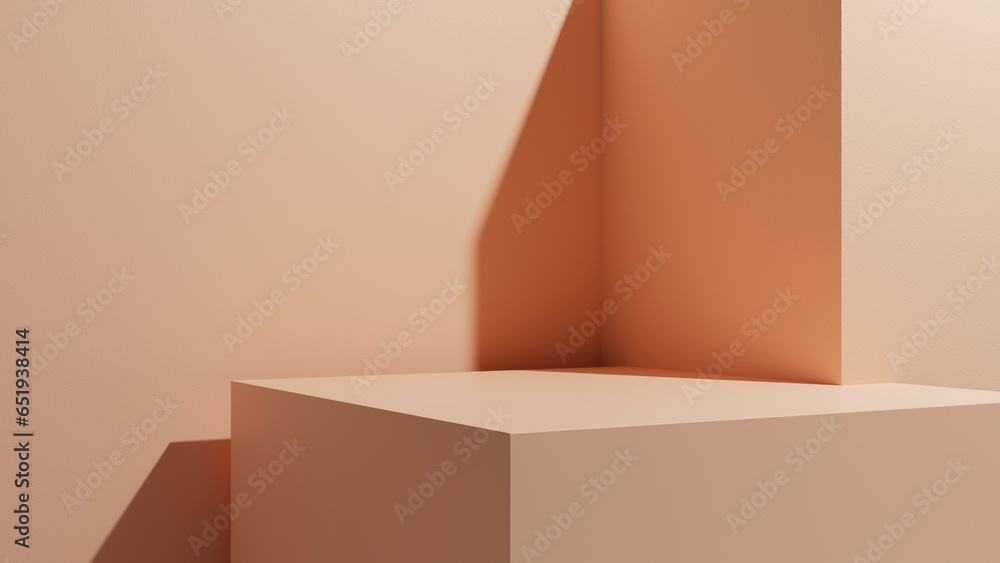 Poster Empty geometric forms - empty space, stage, table, place with empty space, empty blank plaster walls and shapes with soft light and shadow, table for product placement or design solutions, room