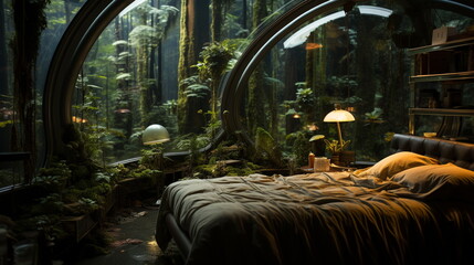 The bedroom of a futuristic non-existent dwelling