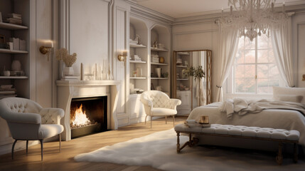 A bedroom with a bed, flowing drapes, a cozy seating area by the fireplace, and a crystal chandelier