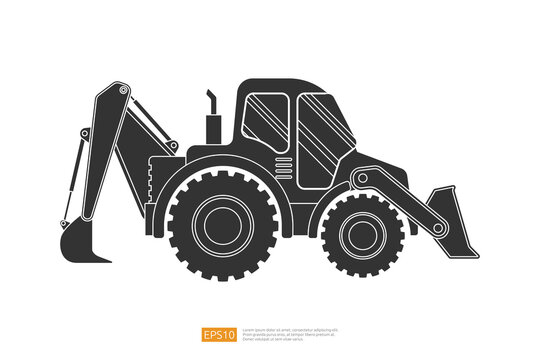 end loader vehicle flat cartoon. bulldozer quarry machine. stone wheel Silhouette digger. backhoe front loader truck. work tractor excavator. vector illustration.