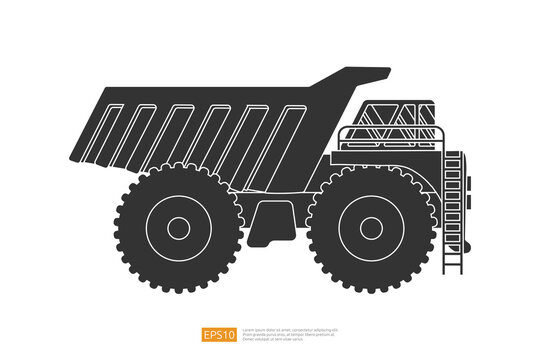 Silhouette mining dump truck tipper vector illustration on white background. Isolated big heavy machinery equipment vehicle. flat cartoon construction and mining car icon