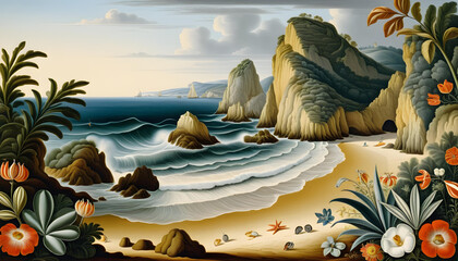 vintage seascape illustration with waves, beach, rocks, plants, exotic - generative ai - obrazy, fototapety, plakaty