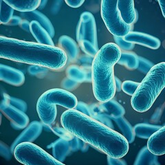 The bacteria cells are rod-shaped and are floating in a liquid environment. The cells are different sizes and are scattered throughout the image