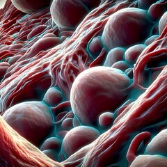A 3D rendering of red blood cells in a blood vessel. The image is highly detailed and has a realistic appearance.