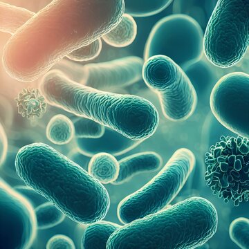 A 3D rendering of bacteria cells in a blue-green color. The bacteria cells are rod-shaped and are floating in a liquid environment