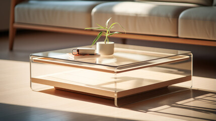 A beige and white coffee table with four legs and a glass shelf