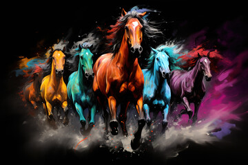 Image of herd of colorful horses is running on black background. Wildlife Animals. Generative AI. Illustration.