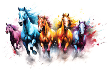 Image of herd of colorful horses is running on white background. Wildlife Animals. Generative AI. Illustration. - obrazy, fototapety, plakaty