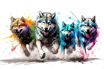 Image of herd of colorful wolf is running on white background. Wildlife Animals. Generative AI. Illustration..