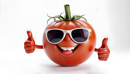 Happy Tomato character wearing sunglasses gives thumbs up, funny cartoon tomato character showing thumbs up with white background - obrazy, fototapety, plakaty