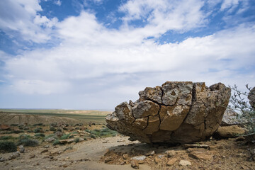 Fototapeta na wymiar Unusual spherical shape of stones in the Kazakh steppe Mangistau, valley of balls in nature Torysh
