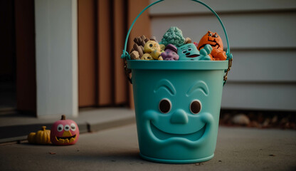 A teal bucket of toys for halloween stands for the food allergy awareness for kids. Autumn holidays symbol for trick or treat.