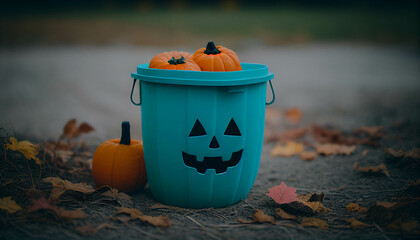 A teal bucket of toys for halloween stands for the food allergy awareness for kids. Autumn holidays symbol for trick or treat.