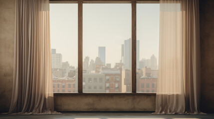 A beige window with sheer curtains and a view of the street