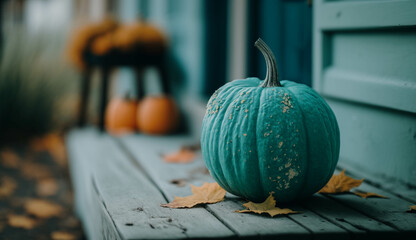 Beautiful teal pumpkin on the cozy porch in the fall. Halloween decor. Food allergy awareness for kids. Symbolic.