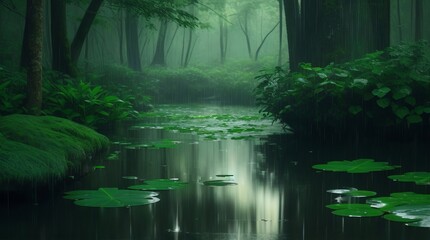 The forest during a gentle rainfall with raindrops creating ripples in serene ponds.