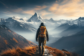 back of male tourist climber on top of mountain with snow on a hike in autumn - obrazy, fototapety, plakaty