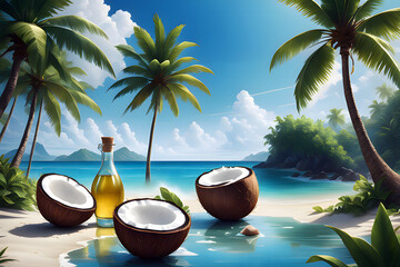 Generative AI: Tropical Paradise of Coconut Bliss - obrazy, fototapety, plakaty