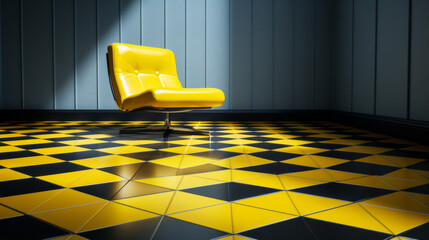 A black and white checkerboard floor with a yellow chair in one corner - obrazy, fototapety, plakaty
