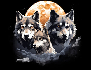 Wolf and moon. Majestic and proud wolf family under the big moon. Generative AI.