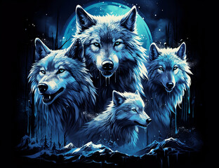 Fearsome bloodthirsty pack of 4 wolves in moonlight - Dual exposure with mountains and trees. Generative AI.