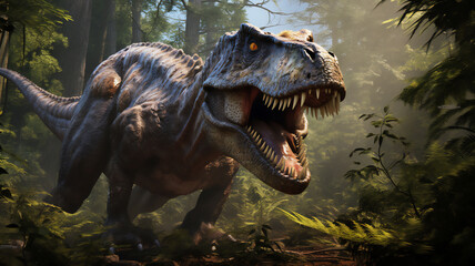 Tableaux ronds sur plexiglas T rex or tyrannosaurus rex a large carnivorous theropod dinosaur of the Jurassic Cretaceous period with a fierce large monster size head jaw and teeth, Generative AI stock illustration image